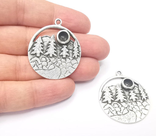 Landscape Pendant River Mountain Forest Pine Tree Blank Resin Bezel Mounting Base Setting Antique Silver Plated Charms (6mm Blank) G26732