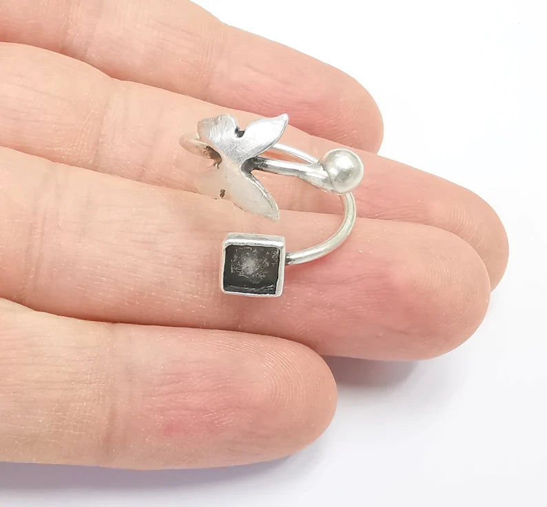 Butterfly Ring Square Blanks Ball Head Ring Setting Cabochon Mounting Adjustable Ring Base Bezel Antique Silver Plated Brass (6mm) G26498