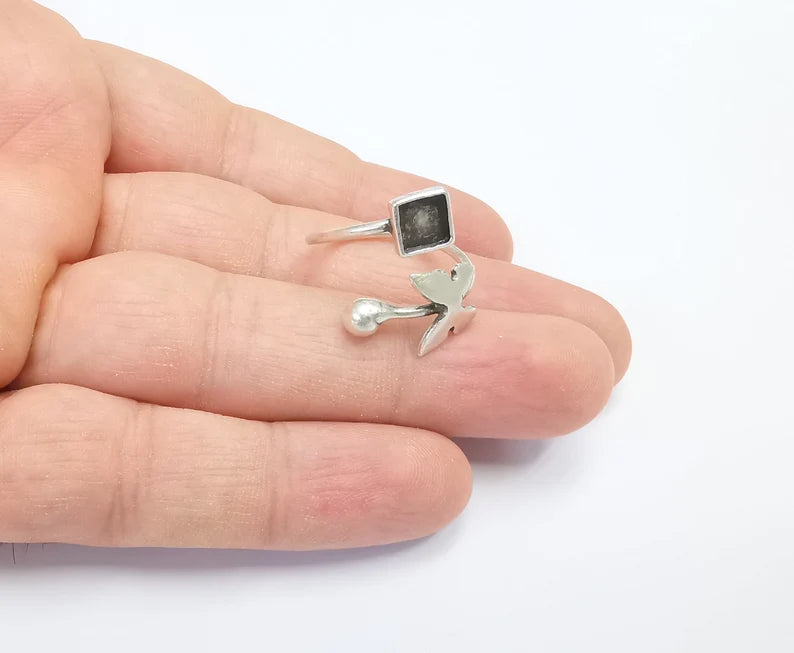 Butterfly Ring Square Blanks Ball Head Ring Setting Cabochon Mounting Adjustable Ring Base Bezel Antique Silver Plated Brass (6mm) G26498