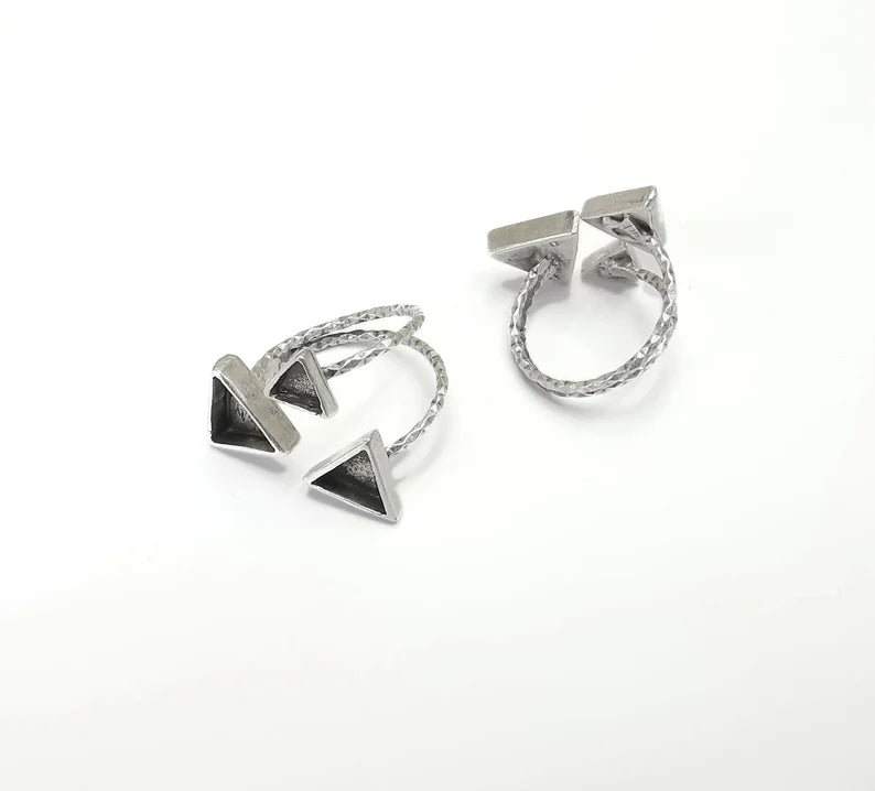 Triangle Silver Ring Setting Blank Cabochon Mounting Adjustable Ring Base Bezel Antique Silver Plated Brass (10mm - 8mm - 6mm Blank) G26499