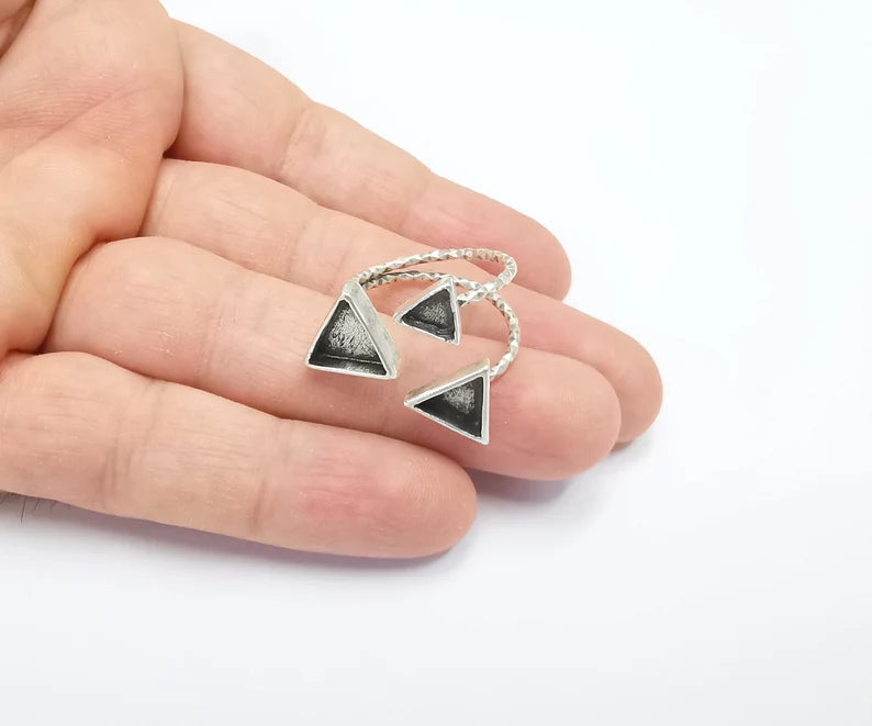Triangle Silver Ring Setting Blank Cabochon Mounting Adjustable Ring Base Bezel Antique Silver Plated Brass (10mm - 8mm - 6mm Blank) G26499