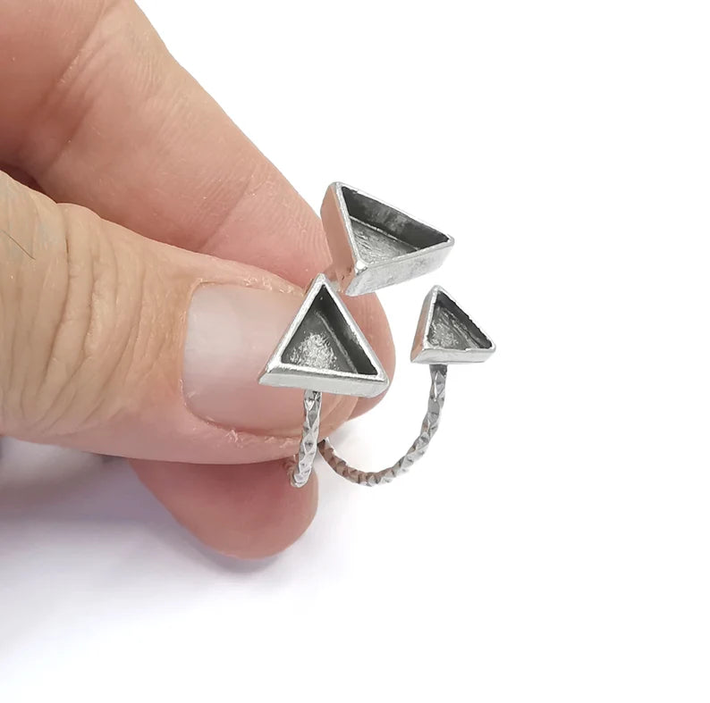 Triangle Silver Ring Setting Blank Cabochon Mounting Adjustable Ring Base Bezel Antique Silver Plated Brass (10mm - 8mm - 6mm Blank) G26499