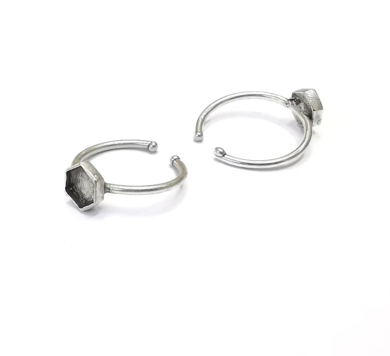 Hexagon Silver Ring Setting Blank Cabochon Mounting Adjustable Ring Base Bezel Antique Silver Plated Brass (6mm Blank) G26501