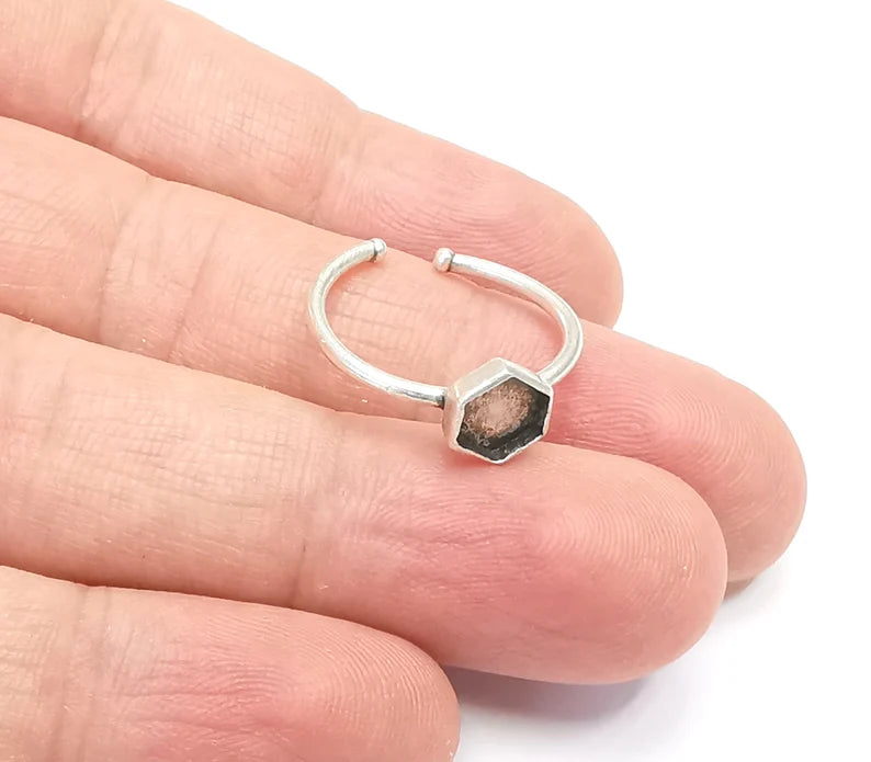 Hexagon Silver Ring Setting Blank Cabochon Mounting Adjustable Ring Base Bezel Antique Silver Plated Brass (6mm Blank) G26501