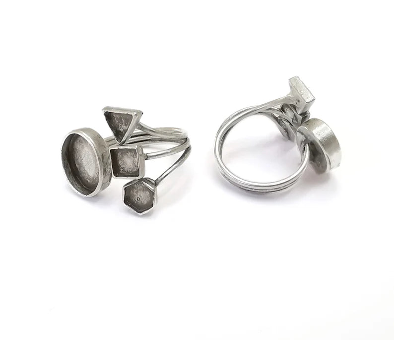 Geometric Blanks Silver Ring Setting Cabochon Mounting Adjustable Ring Base Bezel Antique Silver Plated Brass G26502