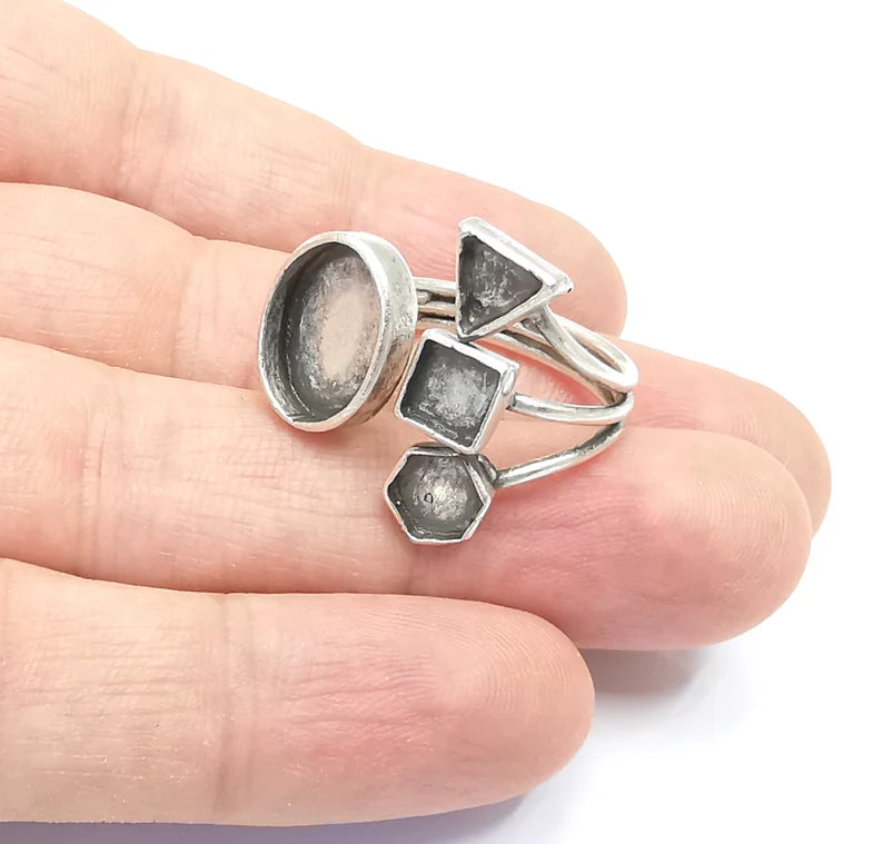 Geometric Blanks Silver Ring Setting Cabochon Mounting Adjustable Ring Base Bezel Antique Silver Plated Brass G26502