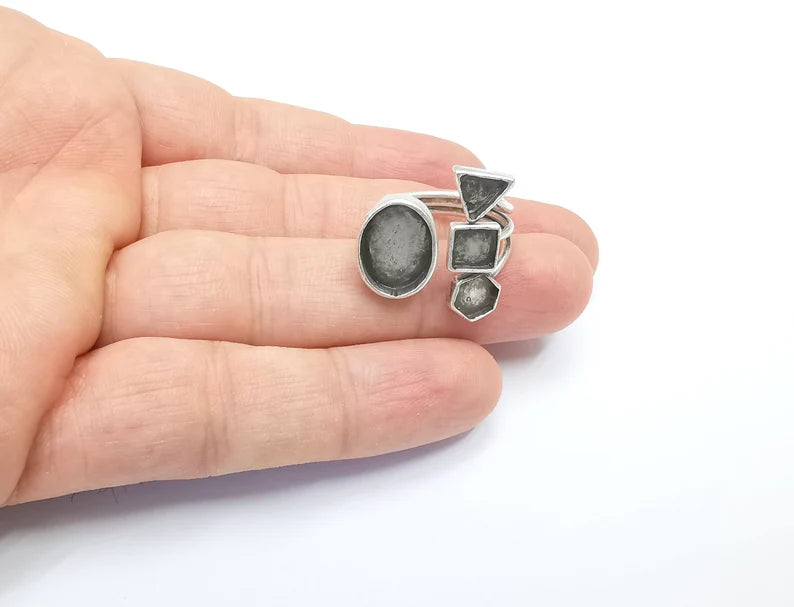 Geometric Blanks Silver Ring Setting Cabochon Mounting Adjustable Ring Base Bezel Antique Silver Plated Brass G26502