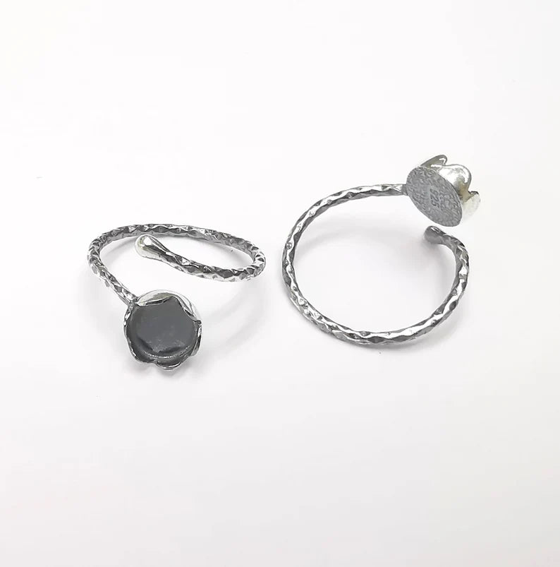 Sterling Silver Ring Blank Bezel Oxidized 925 Silver Ring Setting Resin Blank Cabochon Ring Mounting Adjustable Ring Base (8mm ) G30204
