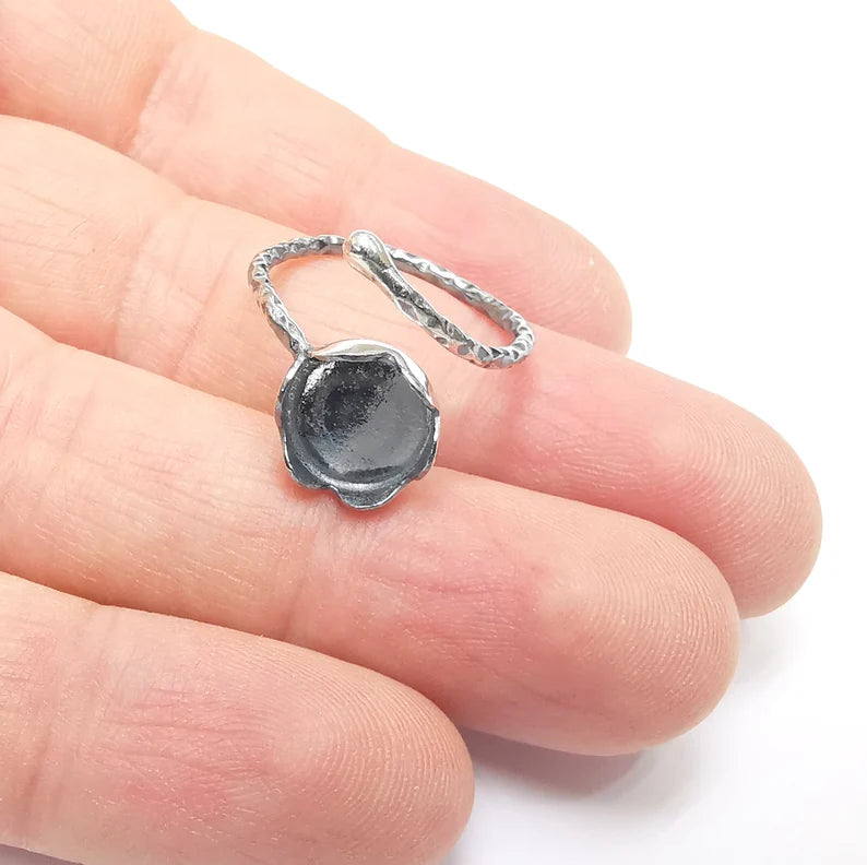 Sterling Silver Ring Blank Bezel Oxidized 925 Silver Ring Setting Resin Blank Cabochon Ring Mounting Adjustable Ring Base (10mm ) G30321