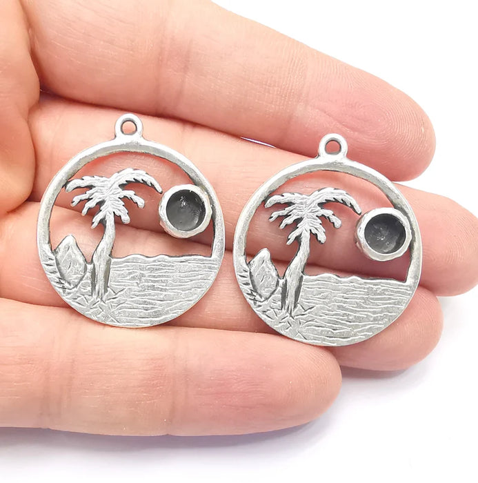 Palm Tree Tropical island Beach Pendant Blank Resin Bezel Mounting Cabochon Base Setting Antique Silver Plated Charms (6mm Blank) G26742