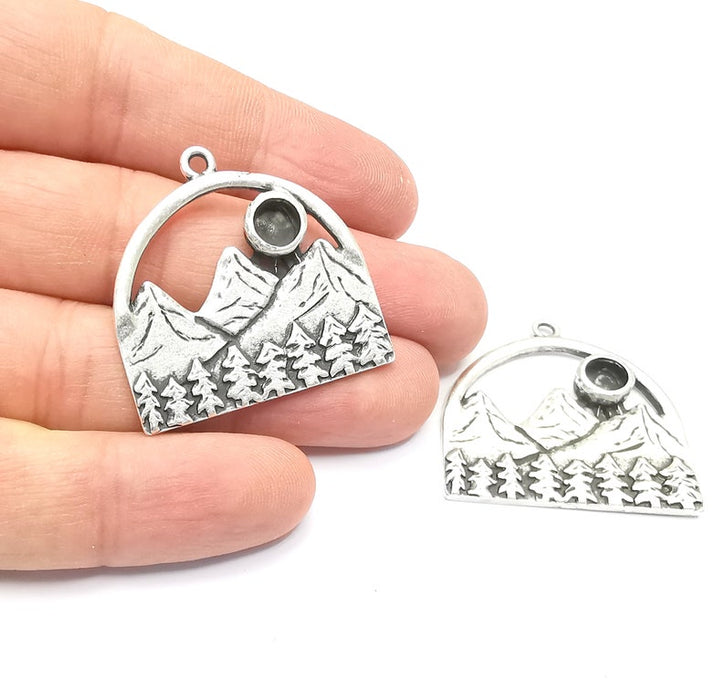 Mountain Forest Pine Tree Blank Landscape Pendant Resin Bezel Mounting Cabochon Base Setting Antique Silver Plated Charms (6mm Blank) G26745