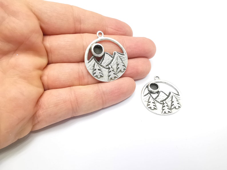 Mountain Landscape Forest Pine Tree Pendant Blank Resin Bezel Mounting Cabochon Base Setting Antique Silver Plated Charms (6mm Blank) G26746