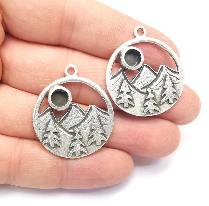 Mountain Landscape Forest Pine Tree Pendant Blank Resin Bezel Mounting Cabochon Base Setting Antique Silver Plated Charms (6mm Blank) G26746