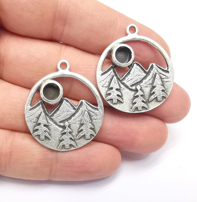 Mountain Landscape Forest Pine Tree Pendant Blank Resin Bezel Mounting Cabochon Base Setting Antique Silver Plated Charms (6mm Blank) G26746