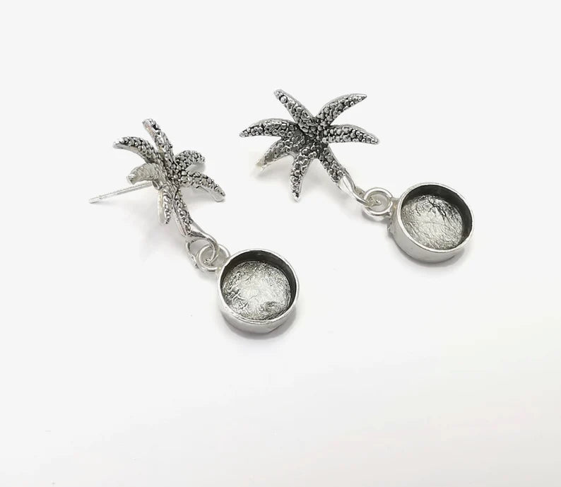 Palm Tree Silver Earring Base Wire Antique Silver Plated Brass Earring Base (10mm blank) G26504