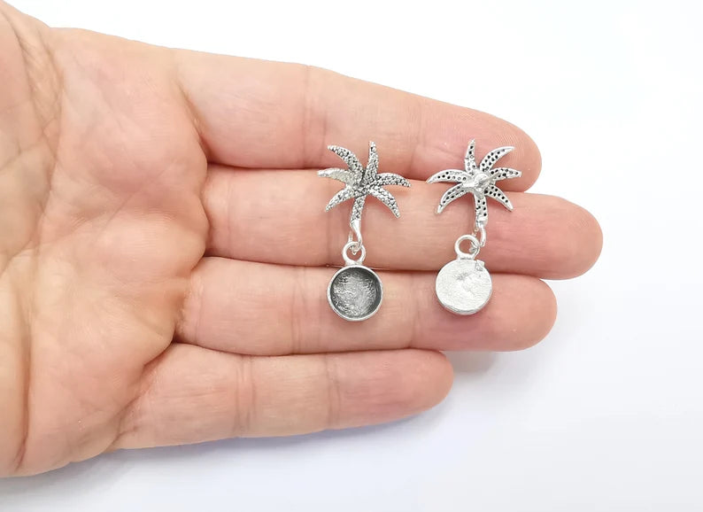 Palm Tree Silver Earring Base Wire Antique Silver Plated Brass Earring Base (10mm blank) G26504