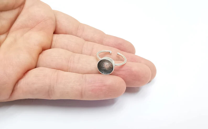 Silver Ring Setting Blank Cabochon Mounting Adjustable Ring Base Bezel Antique Silver Plated Brass (10mm Blank) G26505