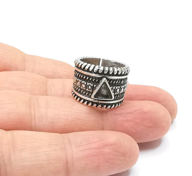 Ethnic Silver Triangle Ring Blank Base Bezel Settings Cabochon Base Mountings Adjustable (6mm Blank) , Antique Silver Plated Brass G26508