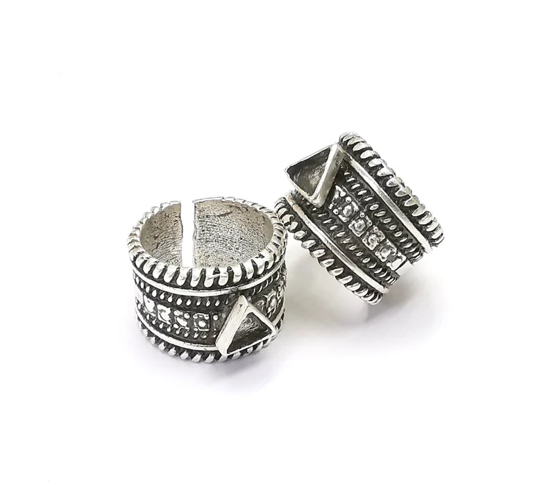 Ethnic Silver Triangle Ring Blank Base Bezel Settings Cabochon Base Mountings Adjustable (6mm Blank) , Antique Silver Plated Brass G26508