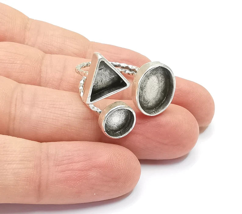 Geometric blanks silver ring setting cabochon mounting adjustable ring base bezel Antique silver plated brass (8 and 6 mm) G26213
