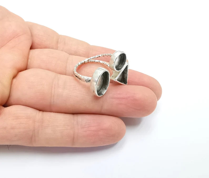 Geometric blanks silver ring setting cabochon mounting adjustable ring base bezel Antique silver plated brass (8 and 6 mm) G26213