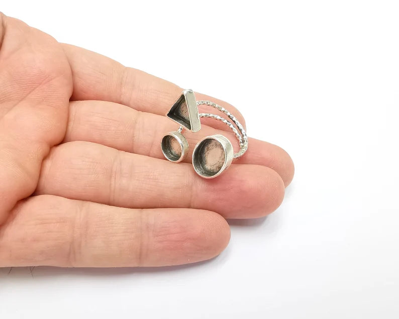 Geometric blanks silver ring setting cabochon mounting adjustable ring base bezel Antique silver plated brass (8 and 6 mm) G26213