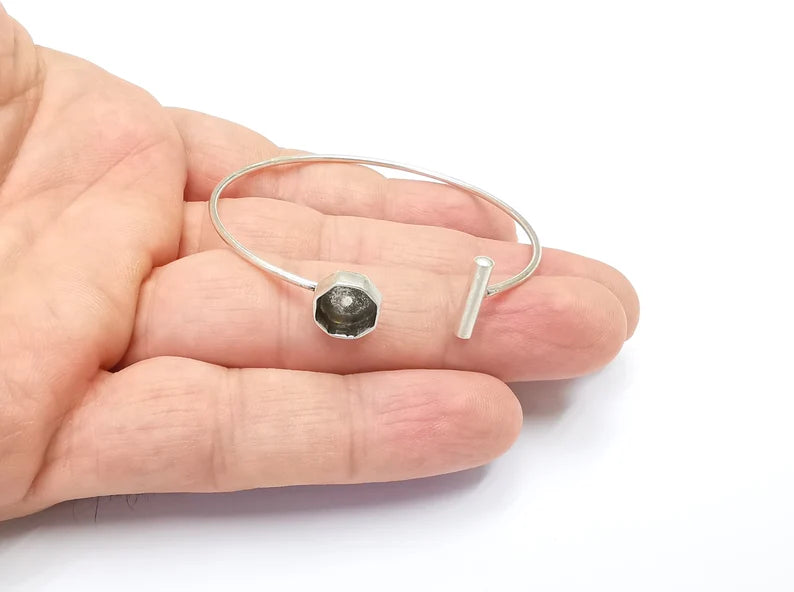 Silver Octagon Bracelet Blank Resin Cuff Dry Bezel Cabochon Base Adjustable Antique Silver Plated Brass (8mm Blanks) G26510