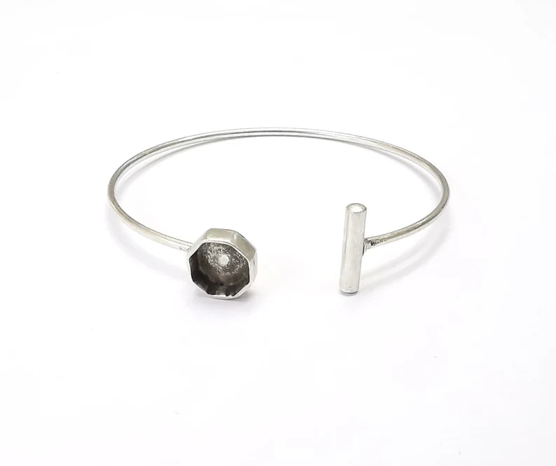 Silver Octagon Bracelet Blank Resin Cuff Dry Bezel Cabochon Base Adjustable Antique Silver Plated Brass (8mm Blanks) G26510
