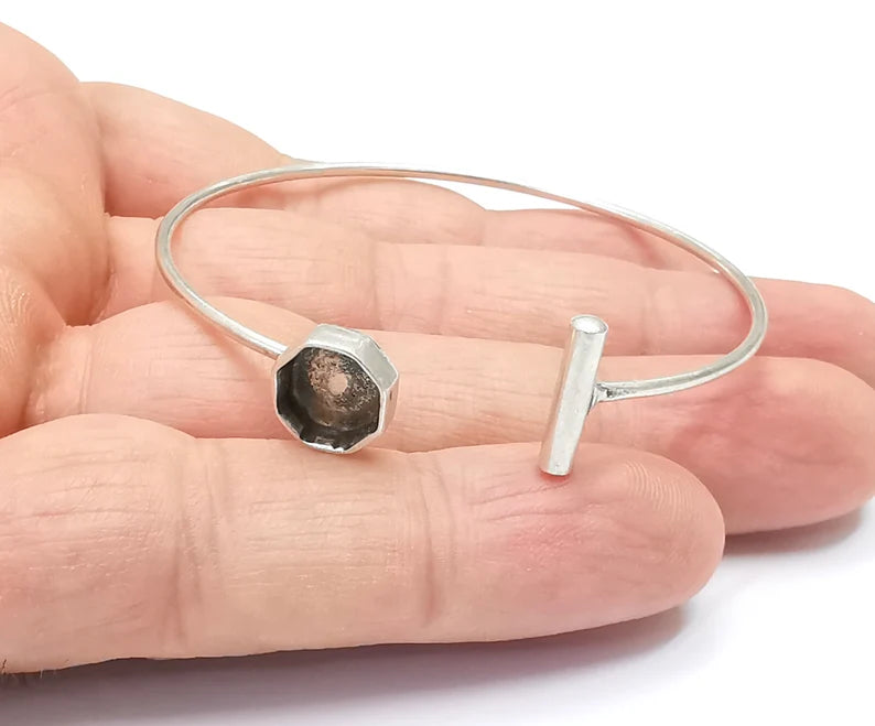 Silver Octagon Bracelet Blank Resin Cuff Dry Bezel Cabochon Base Adjustable Antique Silver Plated Brass (8mm Blanks) G26510