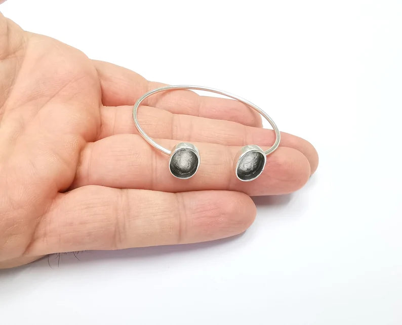 Silver Oval Bracelet Blanks Resin Cuff Dry Bezel Cabochon Base Adjustable Antique Silver Plated Brass (11x8mm Blanks) G26513