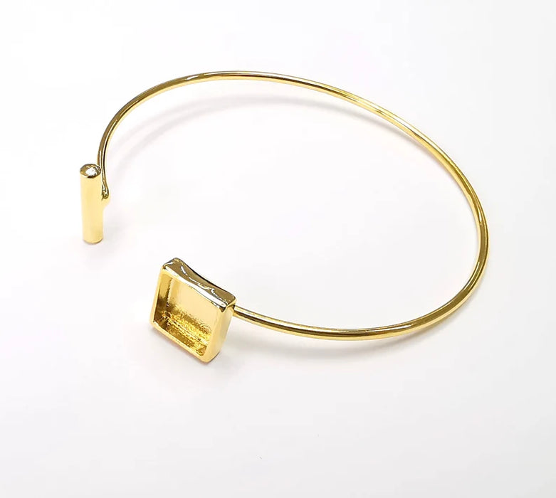 Shiny Gold Square Bracelet Blanks, Cuff Bezels Cabochon Bases Resin Mountings, Cuff Frame, Adjustable Gold Plated Brass(8mm bezel) G26515