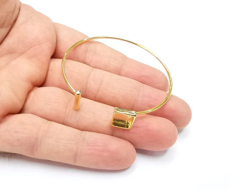 Shiny Gold Square Bracelet Blanks, Cuff Bezels Cabochon Bases Resin Mountings, Cuff Frame, Adjustable Gold Plated Brass(8mm bezel) G26515
