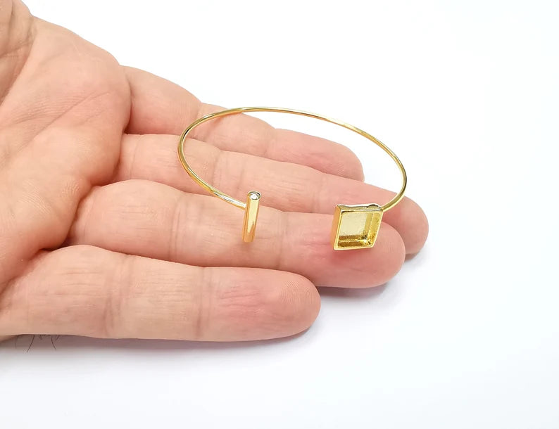 Shiny Gold Square Bracelet Blanks, Cuff Bezels Cabochon Bases Resin Mountings, Cuff Frame, Adjustable Gold Plated Brass(8mm bezel) G26515