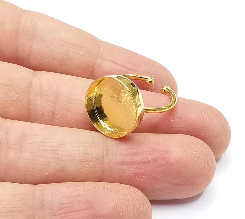 Shiny Gold Ring Bezels Ring Settings Resin Ring Backs Cabochon Mounting Gold Plated Brass Adjustable Ring Base (14mm blank) G26518