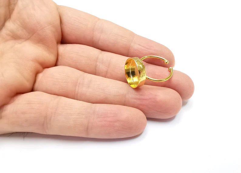 Shiny Gold Ring Bezels Ring Settings Resin Ring Backs Cabochon Mounting Gold Plated Brass Adjustable Ring Base (14mm blank) G26518