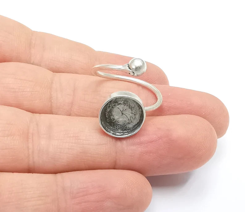 Silver Ball Head Ring Setting Blank Cabochon Mounting Adjustable Ring Base Bezel Antique Silver Plated Brass (12mm Blank) G26519