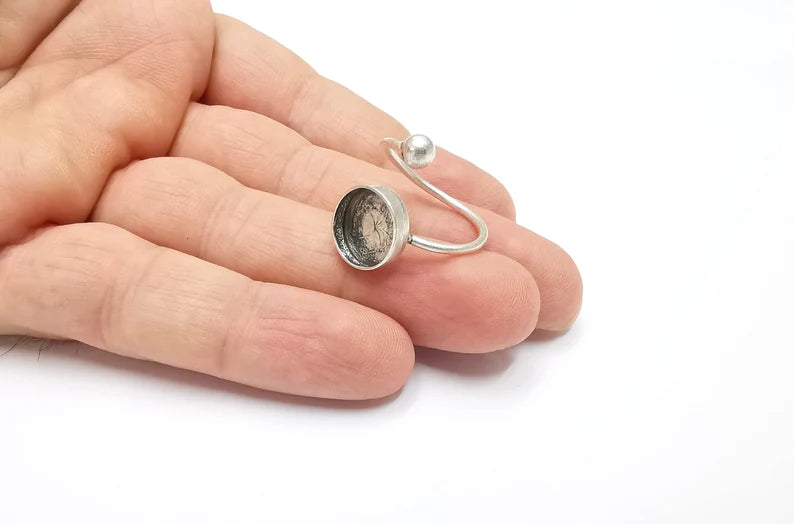 Silver Ball Head Ring Setting Blank Cabochon Mounting Adjustable Ring Base Bezel Antique Silver Plated Brass (12mm Blank) G26519