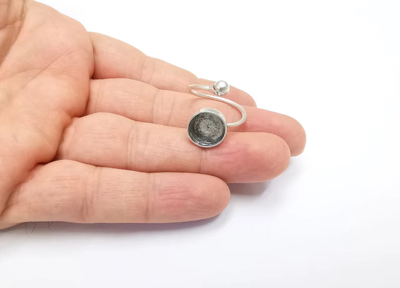 Silver Ball Head Ring Setting Blank Cabochon Mounting Adjustable Ring Base Bezel Antique Silver Plated Brass (12mm Blank) G26519
