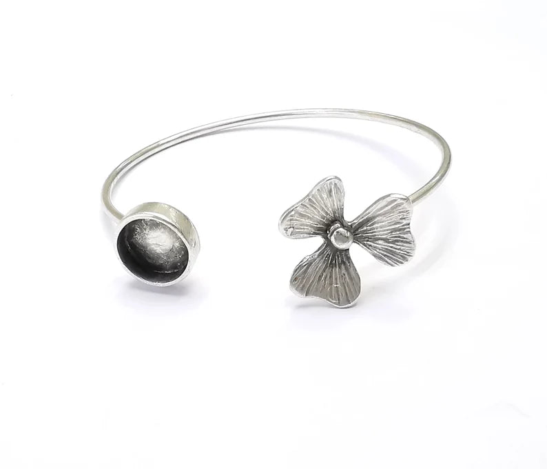 Silver Flower Bracelet Blank Cuff Bezel Cabochon Base Resin Mountings Adjustable Antique Silver Plated Brass (10mm Blanks) G26520
