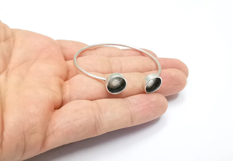 Silver Bracelet Blanks Resin Cuff Dry Bezel Cabochon Base Adjustable Antique Silver Plated Brass (10mm Blanks) G26522