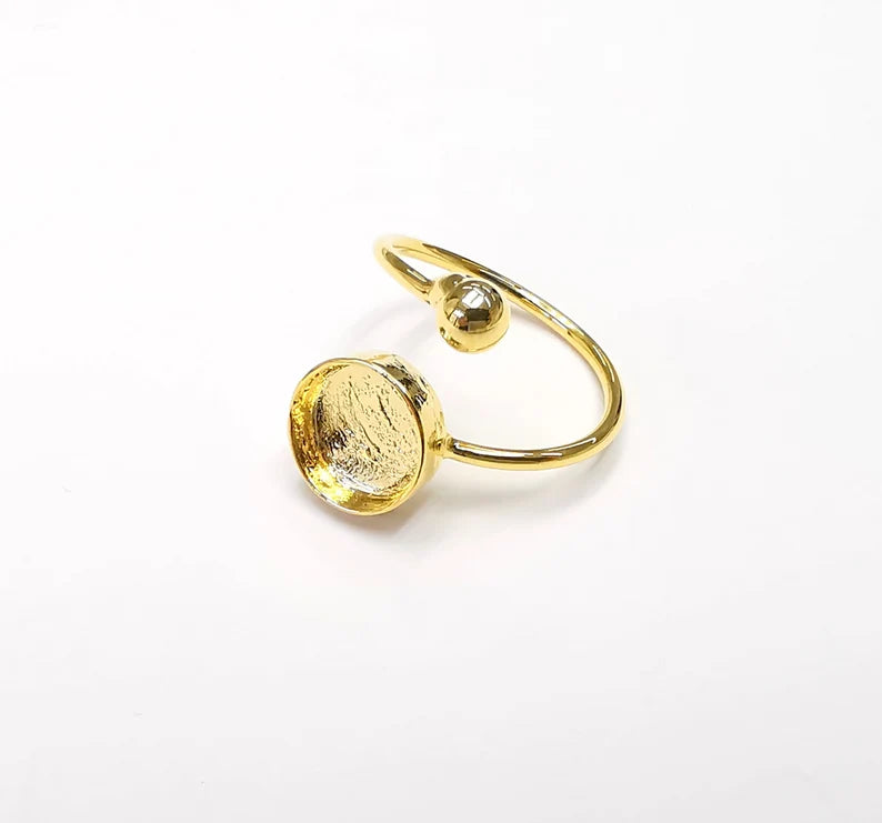 Shiny Gold Ball Head Ring Bezels Ring Settings Resin Ring Backs Cabochon Mounting Gold Plated Brass Adjustable Ring Base (10mm blank) G26524