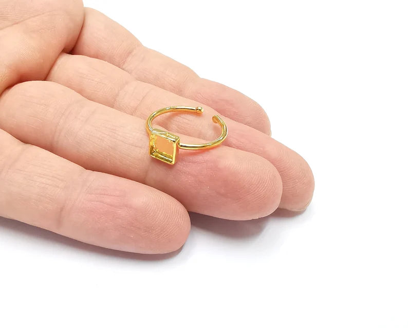 Shiny Gold Square Ring Bezels Ring Settings Resin Ring Backs Cabochon Mounting Gold Plated Brass Adjustable Ring Base (6mm blank) G26527
