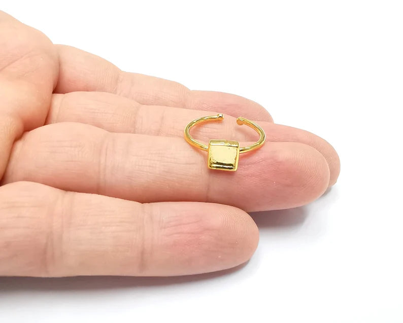 Shiny Gold Square Ring Bezels Ring Settings Resin Ring Backs Cabochon Mounting Gold Plated Brass Adjustable Ring Base (6mm blank) G26527