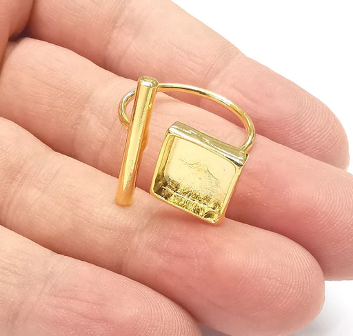 Rod Square Shiny Gold Ring Bezels Settings Resin Backs Cabochon Mounting Gold Plated Brass Adjustable Ring Base (10mm blank) G26704