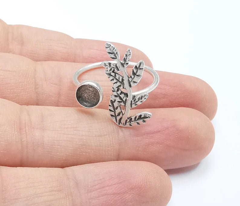 Leaf Leaves Silver Ring Setting Blank Cabochon Mounting Adjustable Ring Base Bezel Antique Silver Plated Brass (6mm) G26754