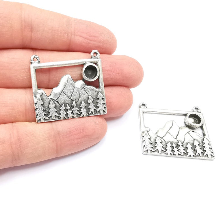 Landscape Pendant Mountain Forest Pine Tree Blank Resin Bezel Mounting Cabochon Base Setting Antique Silver Plated Charms (6mm Blank) G26758