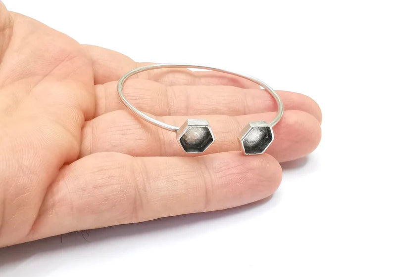 Silver Hexagon Bracelet Blanks Resin Cuff Dry Bezel Cabochon Base Adjustable Antique Silver Plated Brass (8mm Blanks) G26533