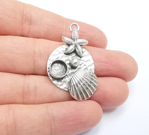 Scallop Shell and Starfish Ball Pendant Bezel Blank Hammered Pendant Antique Silver Plated Blanks (8mm Blank) G26766