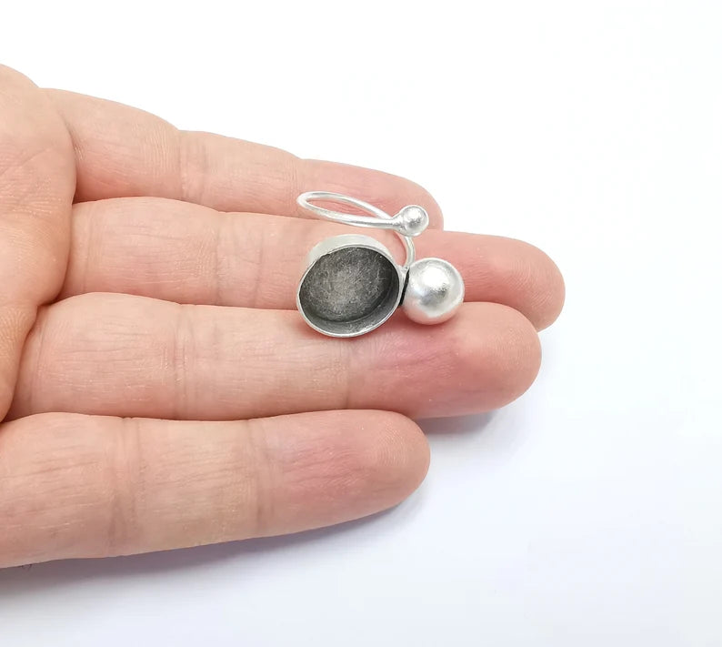 Silver Ball Head Ring Blanks Settings, Cabochon Mounting, Adjustable Resin Ring Base Bezels, Antique Silver Plated Brass (14mm) G26757