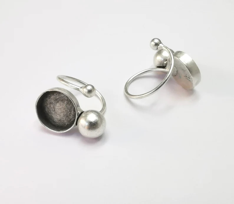 Silver Ball Head Ring Blanks Settings, Cabochon Mounting, Adjustable Resin Ring Base Bezels, Antique Silver Plated Brass (14mm) G26757